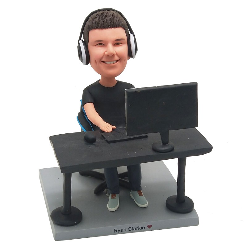 custom bobblehead gamer at computer desk gaming with headphones